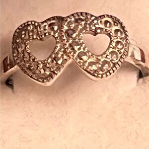 Child’s adjustable sterling silver double heart ring in teddy bear box